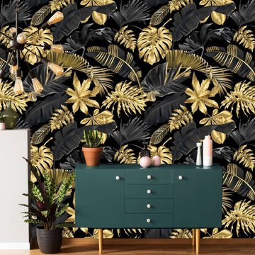 3D Wallpaper Gold Black Tropical Leaves