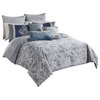 Benzara BM227743 10 Piece King Comforter Set with Damask Prints, Blue and Gray