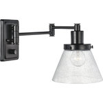 Progress Lighting - Hinton Collection Black Swing Arm Wall Light - Enjoy focused task lighting with the industrial demeanor of this one-light swing arm wall bracket. A clear seeded glass shade is ready to provide you with focused task light wherever illumination is called upon. The light fixture's signature adjustable arm is coated in a black finish and makes this wall light a favorite choice for when you want to read your favorite novel before bed.