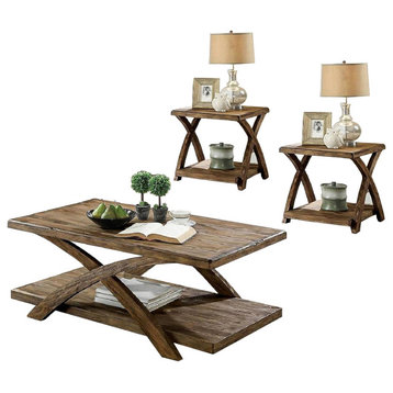 3 Piece Table Set With X Shaped Table Base, Antique Light Oak