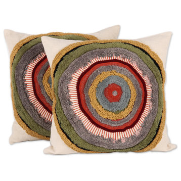 Novica Handmade Abstract Sun Embroidered Cotton Cushion Covers, Set of 2