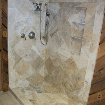 Travertine Shower on Diagonal Pattern