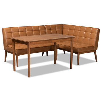 Devin Midcentury Modern 3-Piece Dining Banquette Set, Tan Faux Leather