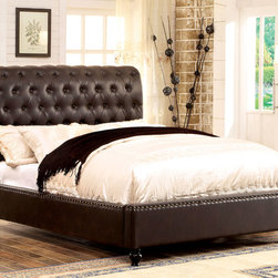 BENNETT TRANSITIONAL BROWN BUTTON TUFTED HEADBOARD QUEEN BED - Panel Beds