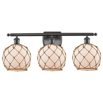 Farmhouse 3-Light Bath Vanity-Light, Bronze, White Glass With Brown Rope