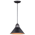 Vaxcel - Outland 10" Outdoor Pendant Light Aged Iron and Light Gold - Designed with stately, yet rustic sophistication, the Outland collection is a solid choice for your outdoor space. The textured, aged-iron finish gives this barn light a warm and inviting elegance, and the gold finish inside shade adds to the charm. This fixture is dark-sky compliant and will complement any industrial, cottage, modern country, or farmhouse style home. This outdoor pendant is ideal for your porch, entryway, or any other area of your home.