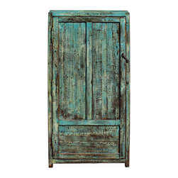 Chinese Distressed Blue Green Tall Iron Lock Armoire Wardrobe Cabinet cs2310 - Accent Chests And Cabinets