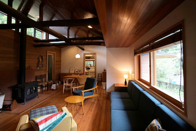 Living room in Tokyo Suburbs with white walls, medium hardwood floors, a wood stove, a brick fireplace surround, brown floor, wood and wallpaper.