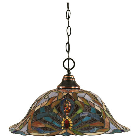 Chain Hung Pendant In Black Copper, 19" Kaleidoscope Tiffany Glass