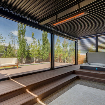 StruXure Pergola Over Hot Tub Area with Screens & Privacy Wall, Feat. Lights & H