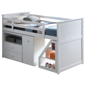 Pemberly Row Contemporary Wood Loft Bed with Chest and Swivel Desk in White