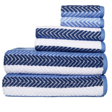 Harper Riley Bryce Stripe Face with Solid Back Set of 4 Bath Towels, Navy Peony