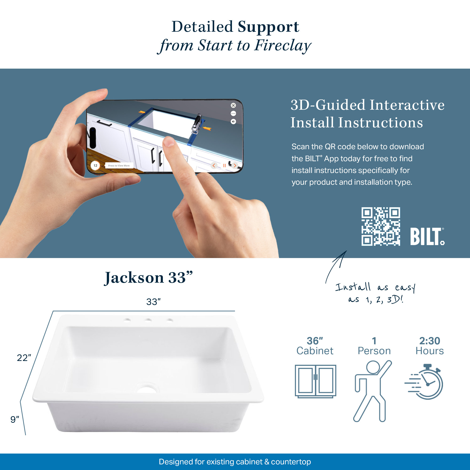Jackson White Fireclay 33" Single Bowl Drop-In Kitchen Sink, Faucet Kit