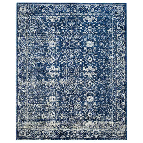 Shabby Chic Modern Area Rug, Distressed Oriental Design, Non-Shedding & Kid Safe, Navy/Ivory