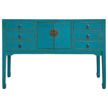Distress Bright Blue Lacquer Tall Moon Face 6 Drawers Slim Foyer Table Hcs7566