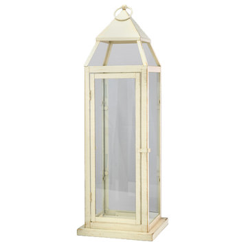 Serene Spaces Living Antique White Metal Lantern With Glass Panels, Large