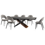Armen Living - Milena Lucia 7 Piece Extendable Dining Set With Gray Fabric Chairs - Enjoy an intimate meal or host a dinner party with the Milena Lucia 7 Piece Extendable Dining Set with Fabric Chairs. This set includes 1 Milena extendable dining table and 6 Lucia swivel dining chairs. Beautifully minimalistic, our dining chair stands out with a refined and striking silhouette. A sleek cut-out and slender black metallic legs complete the modern and sophisticated appeal of the kitchen chair. It's ergonomically sculpted back delivers exceptional comfort, supporting you in just the right places. The back and seat are both generously padded to bring a dose of comfort to your formal and casual meals. Our dining room chair can also serve as a comfy seat in your home office or provide a comfortable spot to relax in your living room. The dining table chair also includes a 180 - degree swivel function allowing you to change directions and follow conversations with ultimate ease. It is upholstered in performance fabric for easy care and maintenance. With clean lines and dramatic construction, our long dining table serves as a stunning focal point. Its linear, rectangular tabletop is crafted from sintered shadow stone for a versatile and sophisticated appeal. A durable yet elegant alternative to quartz, this tabletop is resistant to etching, scratches, burns, and stains. It is perched upon a cross-shaped base to capture the eye. The chunky wooden leg is covered in walnut veneer, creating a visual contrast with the airy black wooden frame. Our chic and stylish dining table can easily extend to comfortably seat up to six to eight individuals. Serving as the perfect fit for your casual meals and garnished dinners, the table remains a stunning complement to your dining room or living space. It supports durable construction and easy-to-care materials to serve as a long-lasting addition to your home or apartment. The Milena Lucia dining set is available in 5 and 7 piece set configurations and features a shadow stone, walnut, and black wood veneer table and your choice of gray or brown upholstered swivel dining chairs.