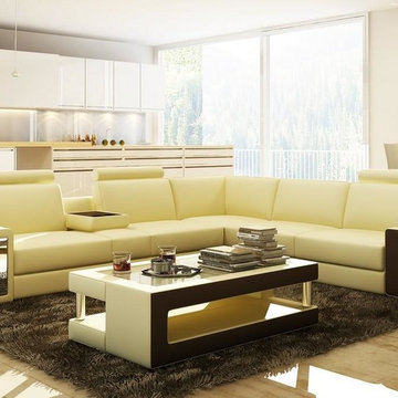 Beige and Brown Sectional Sofa with Coffee Table