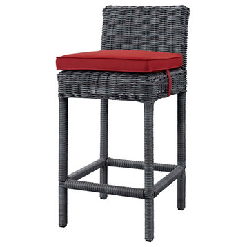Modern Outdoor Patio Bar Stool Chair, Sunbrella Fabric Rattan, Grey Gray Red