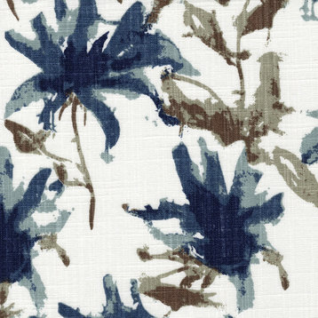 Kendal Regal Blue Watercolor Floral 72" Shower Curtain Cotton Linen, Lined