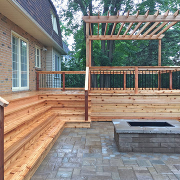 Western Red Cedar Deck with Cedar Pergola & Stone Patio & Stone Fireplace