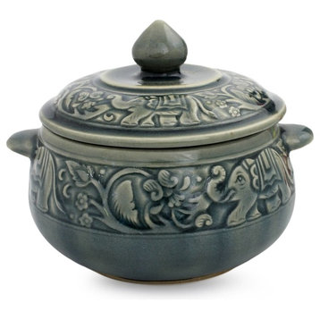 Novica Blue Elephant Forest Celadon Ceramic Covered Bowl