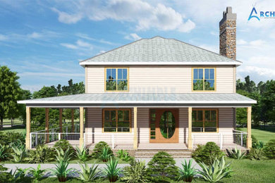 Mid-sized craftsman white two-story stone and board and batten exterior home idea in Wilmington with a metal roof and a gray roof