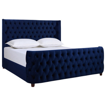 Brooklyn Tufted Wingback Shelter Headboard and Footboard Panel Bed, Navy Blue Velvet, King