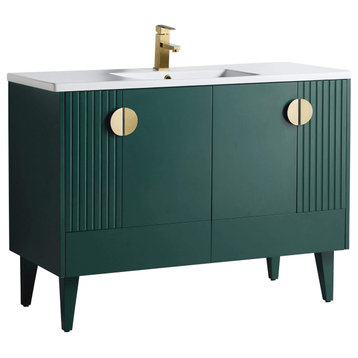 Venezian Single Bathroom Vanity, Green, 48", Satin Brass Handles, One Sink