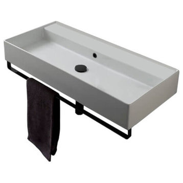 Wall Mounted Double Ceramic Sink With Matte Black Towel Bar, No Hole