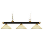 Z-Lite - Riviera 3-Light Billiard, Bronze/Satin Gold With Golden Mottle Glass - Finished in Bronze & Satin Gold this three light bar fixture uses angle golden mottle glass shades to create a contemporary look with a timeless quality to it. This fixture would be perfect for the game room or any other room of the house where a touch of under stated sophistication is needed.