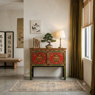 Asian Tibetan Style Floral Graphic Red Green Yellow Console Credenza Table ws498