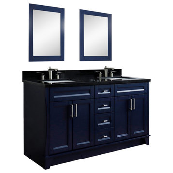 61" Double Sink Vanity, Blue Finish And Black Galaxy Granite
