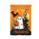 Breeze Decor - Halloween Little Ghost 2-Sided Impression Garden Flag - Size: 13 Inches By 18.5 Inches - With A 3" Pole Sleeve. All Weather Resistant Pro Guard Polyester Soft to the Touch Material. Designed to Hang Vertically. Double Sided - Reads Correctly on Both Sides. Original Artwork Licensed by Breeze Decor. Eco Friendly Procedures. Proudly Produced in the United States of America. Pole Not Included.