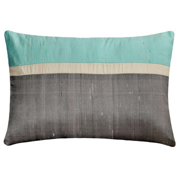 Aqua Silk Color Blocking Patchwork 12"x20" Lumbar Pillow Cover - Plush Aqua Silk