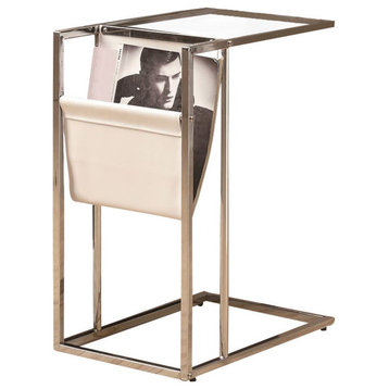 Accent Table, C-shaped, End, Side, Snack, Bedroom, Metal, Pu Leather Look, Faux Leather: White, Base: Chrome