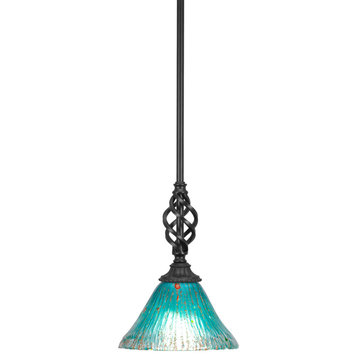 Elegante Pendant Shown In Matte Black Finish With 7" Teal Crystal Glass