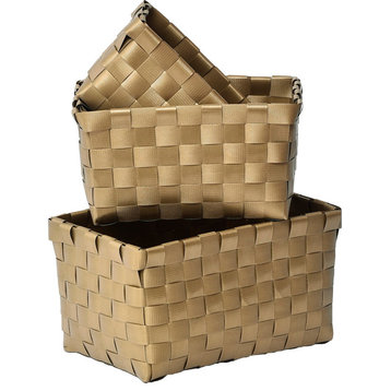 Checkered Woven Strap Storage Baskets Totes Set of 3, Gold