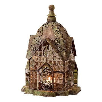 Glass and Metal Architectural Candle Lantern - Green Patina Windale Ho
