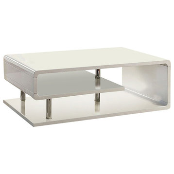 Wooden Coffee Table With Curling Shelf And Metal Poles, White