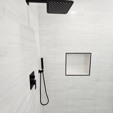 Sleek Irvine Shower Remodel with Matte Black Fixtures & Hexagon Tile Floor