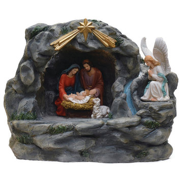 18.5" Holy Family and Angel Fountain With Christmas Decoration