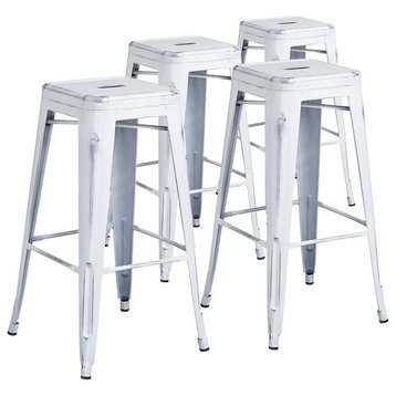 30" High Backless Distressed White Metal Indoor Barstools, Set of 4