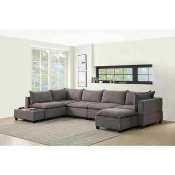 Madison Light Gray 7Pc Modular Sectional Sofa Chaise, USB Storage Console Table