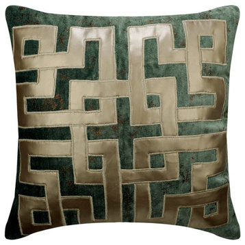 24"x24" Greek Applique Foil Teal Blue Velvet Pillow Cover�For Sofa - Greek Maze