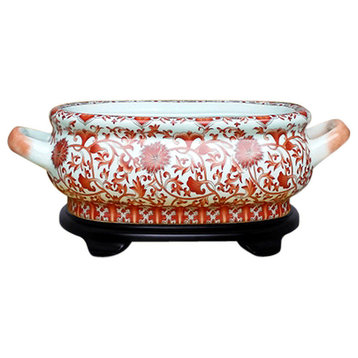 Unique Chinese Orange/Coral and White Porcelain Foot Bath Basin With Base