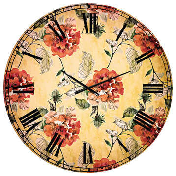 Red Rose in Yellow Background Floral Round Metal Wall Clock, 36x36
