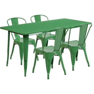 31.5''x63'' Rectangular Metal Indoor Table Set with 4 Stack Chairs, Green