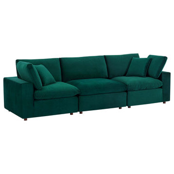 Commix Down Filled Overstuffed Performance Velvet 3-Seater Sofa, Green