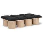 Meridian Furniture - Pavilion Black Boucle Fabric Bench, Black, Natural Finish, 62" W X 36" D X 17.5" H - Bring valuable seating and remarkable style to your space with this black Pavilion boucle fabric bench, an exquisite balance of style and usability for the entryway, bedroom, and beyond. Crafted from oak veneer with a natural finish, this bench has a 4-inch-thick seat cushion that's channel-tufted for a touch of luxury. The bench's columnar bases add a dash of art deco design, making it a captivating focal point in any room.